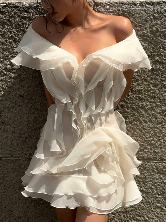 Elegant Cream-Colored Ruffled Off-Shoulder Dress