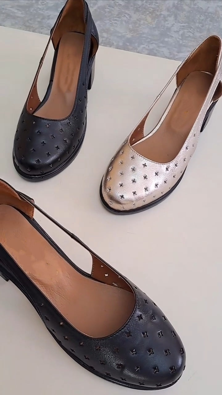 Black And Metallic Silver Block Heels