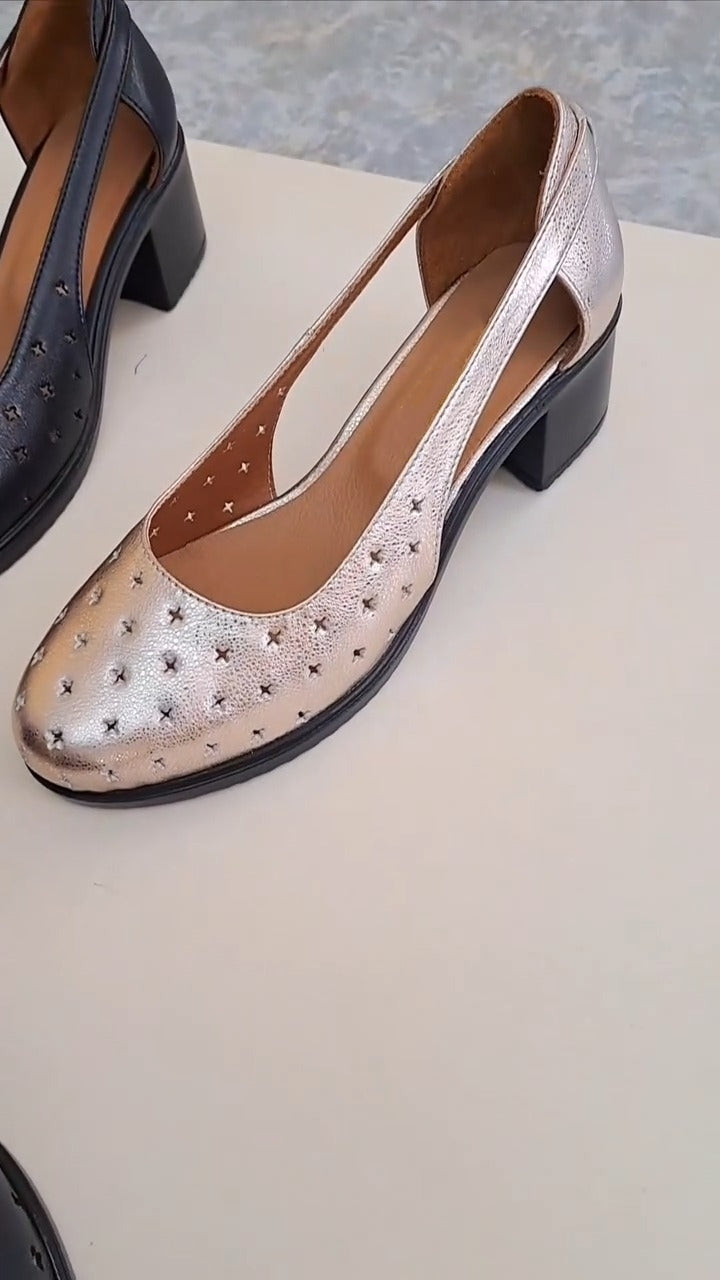 Black And Metallic Silver Block Heels