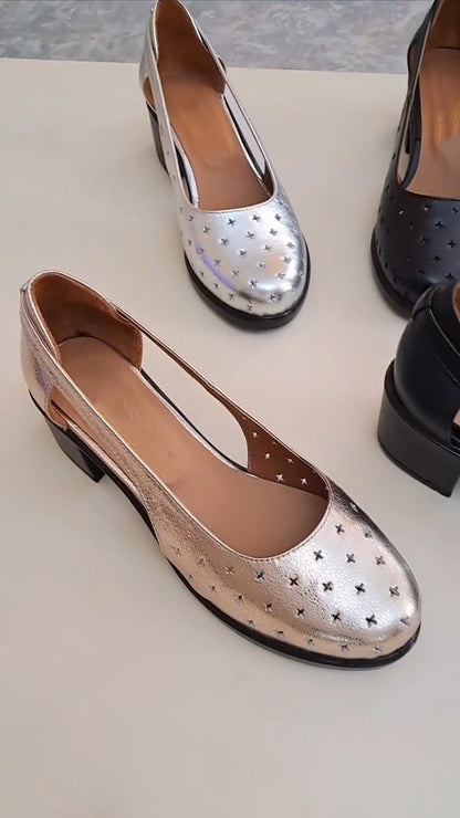 Black And Metallic Silver Block Heels