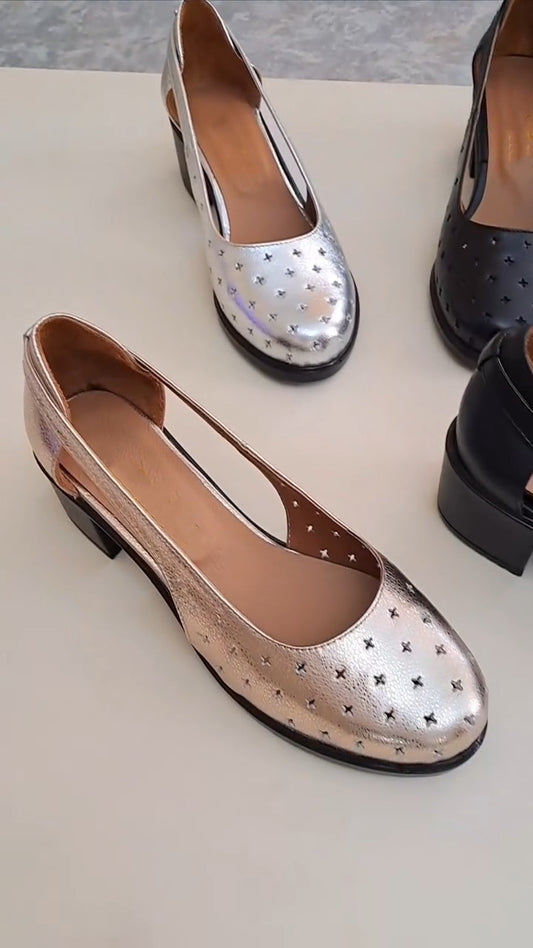 Black And Metallic Silver Block Heels
