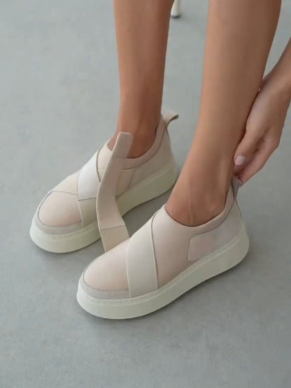 Beige Cross-Strap Slip-On Sneakers