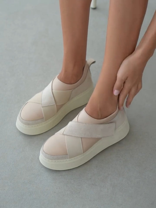 Beige Cross-Strap Slip-On Sneakers
