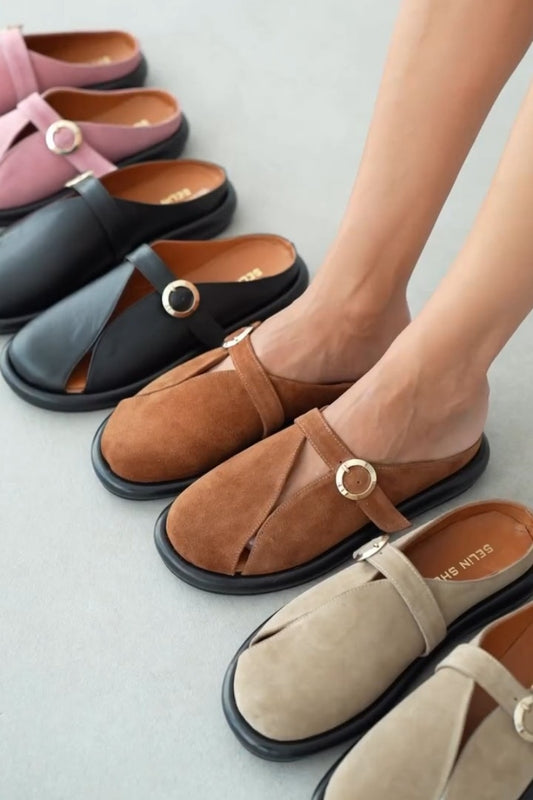 Suede Slip-On Sandals With Ring Buckle Detail