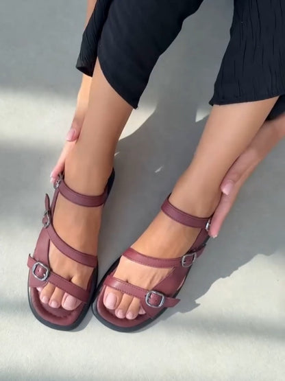 Burgundy Sandals With Three Straps And Buckle Embellishments