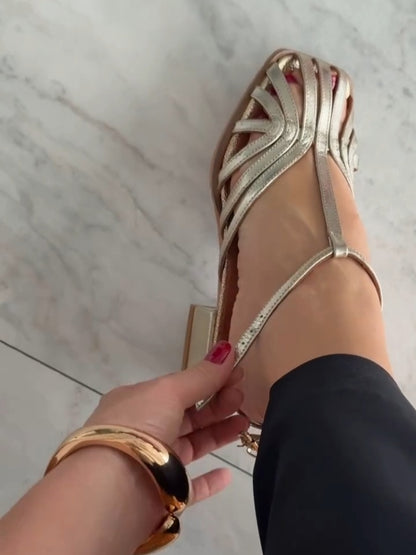 Metallic Silver Strappy Square Toe Sandals