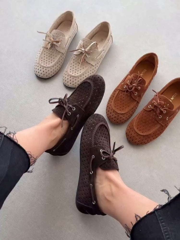 Suede Perforated Loafers With Bow Detail