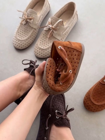 Suede Perforated Loafers With Bow Detail