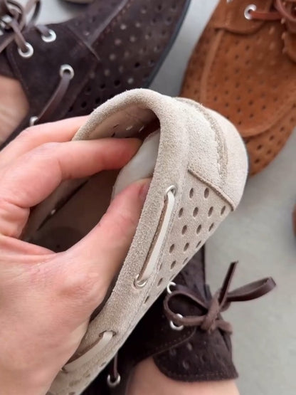 Suede Perforated Loafers With Bow Detail