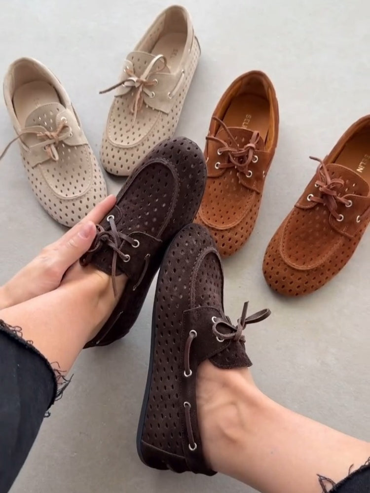Suede Perforated Loafers With Bow Detail