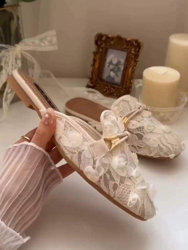 White Floral Lace Slip-On Loafers