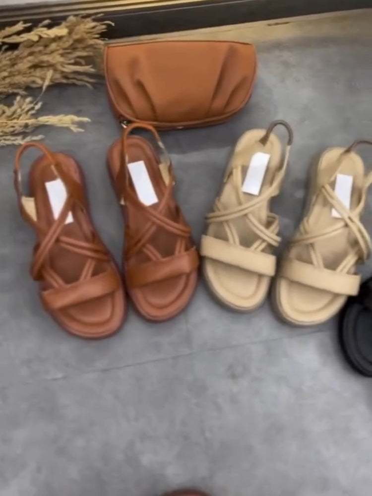 Brown Cross-Strap Flat Sandals