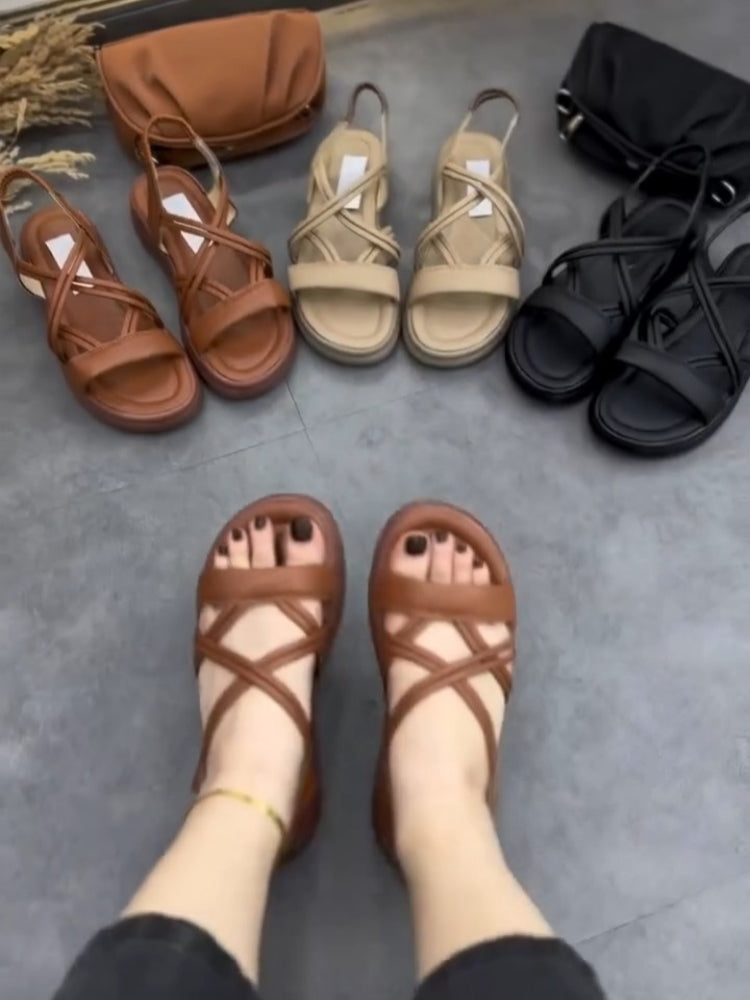 Brown Cross-Strap Flat Sandals