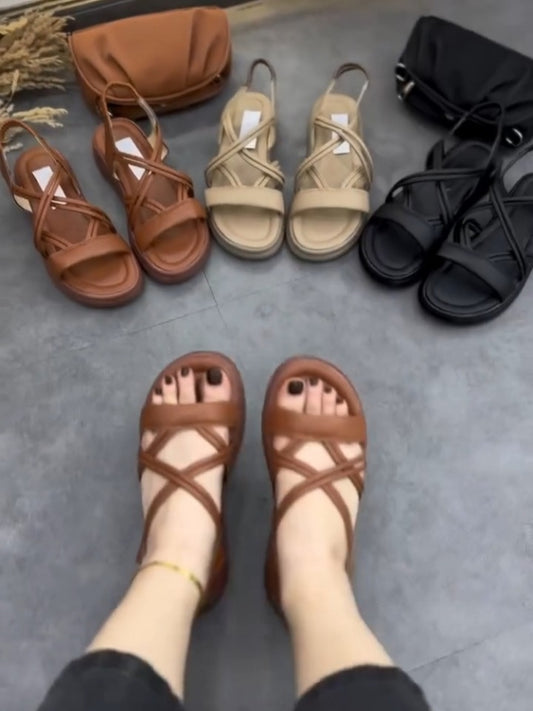 Brown Cross-Strap Flat Sandals