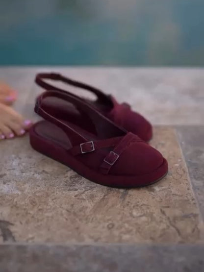 Wine Red Buckle Strap Slingback Sandals