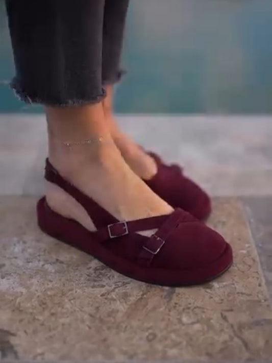 Wine Red Buckle Strap Slingback Sandals