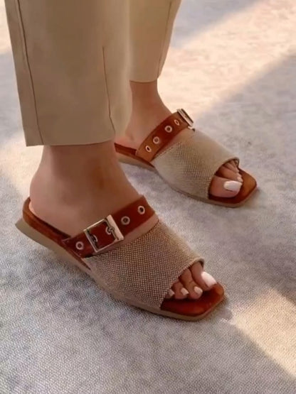 Beige Buckle Strap Slide Sandals