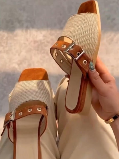 Beige Buckle Strap Slide Sandals