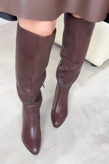 Brown Block Heel Knee-High Leather Boots