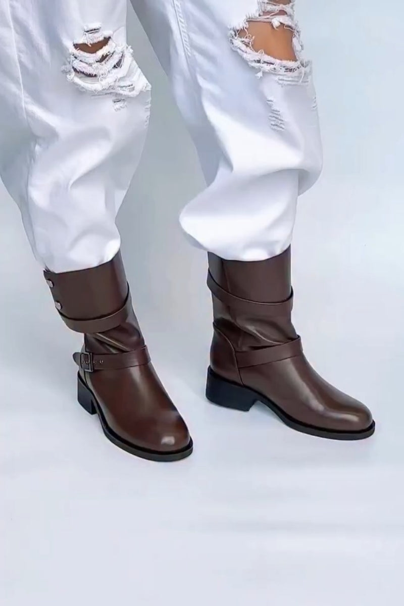 Brown Mid-Calf Leather Boots With Buckle Straps