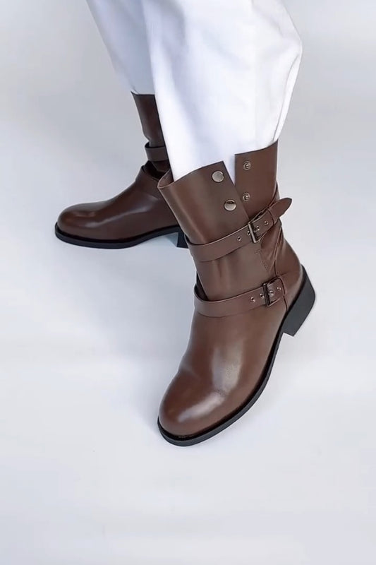 Brown Mid-Calf Leather Boots With Buckle Straps