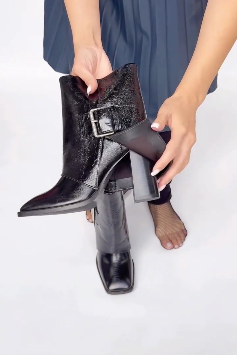 Black Patent Ankle Boots With Buckle Detail