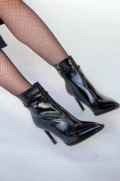Black Patent Ankle Boots With Buckle And Zipper