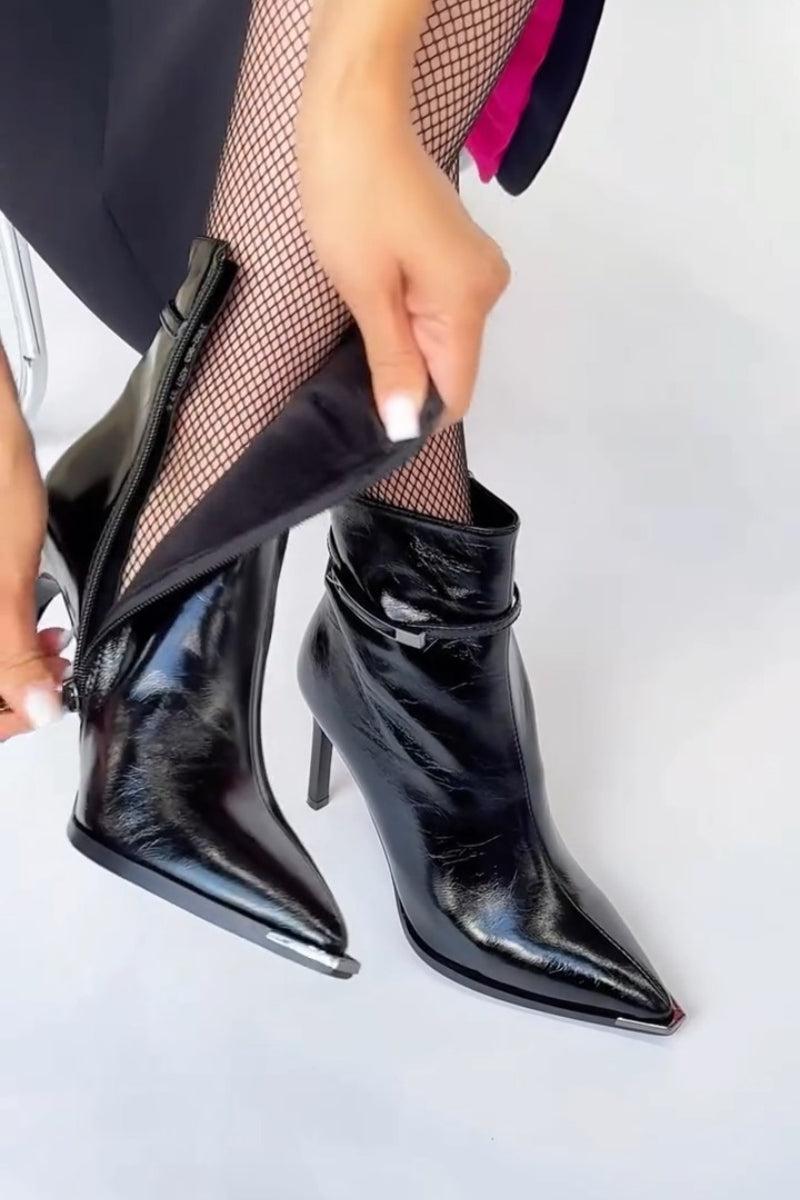 Black Patent Ankle Boots With Buckle And Zipper