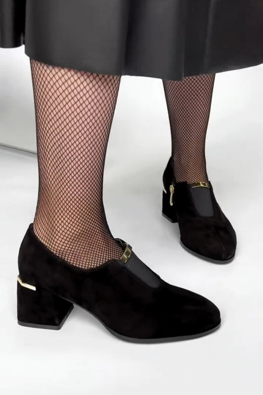 Black Heeled Loafers With Gold Buckle Details