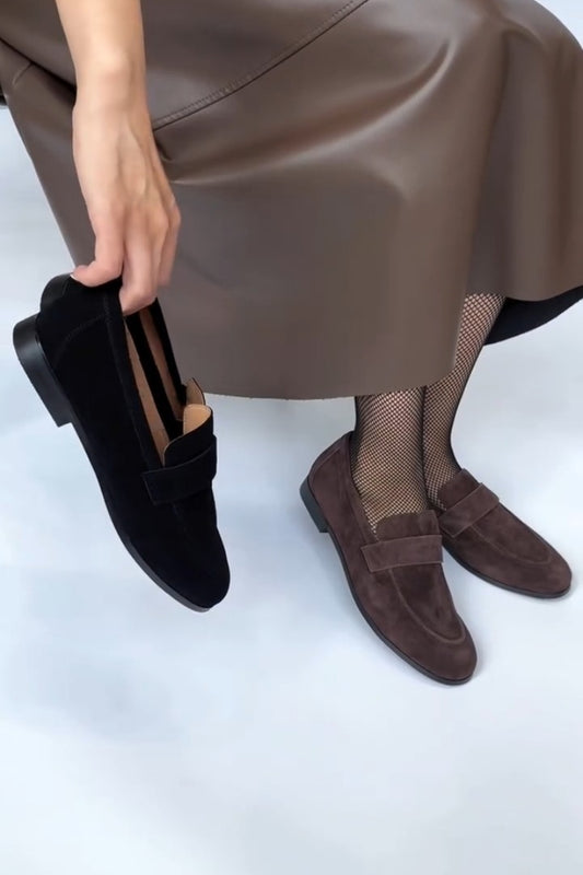 Brown Suede Loafers With Strap Detail