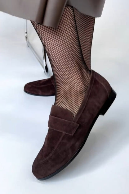Brown Suede Loafers With Strap Detail