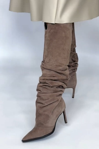 Taupe Suede Slouchy Knee-High Boots With Pointed Toe