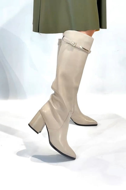 Cream Knee-High Boots With Block Heel