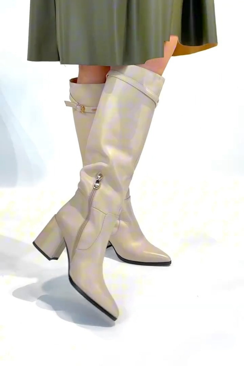 Cream Knee-High Boots With Block Heel