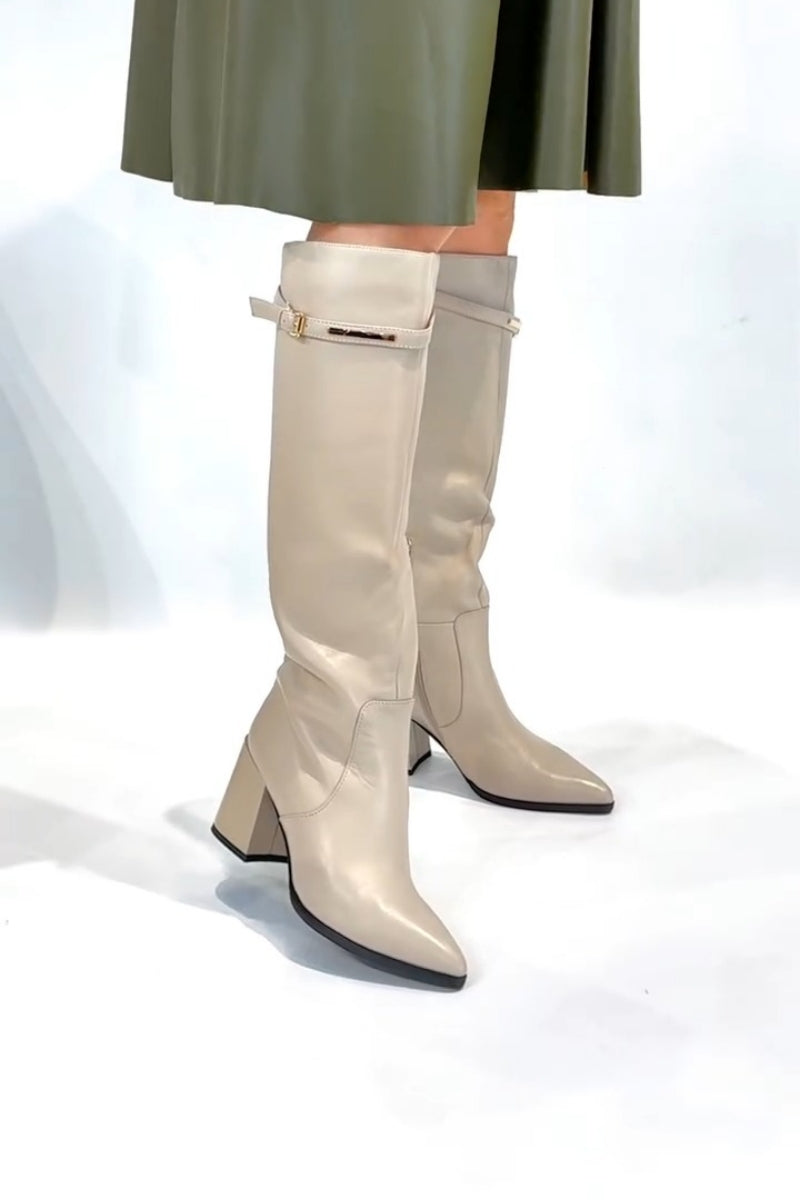 Cream Knee-High Boots With Block Heel