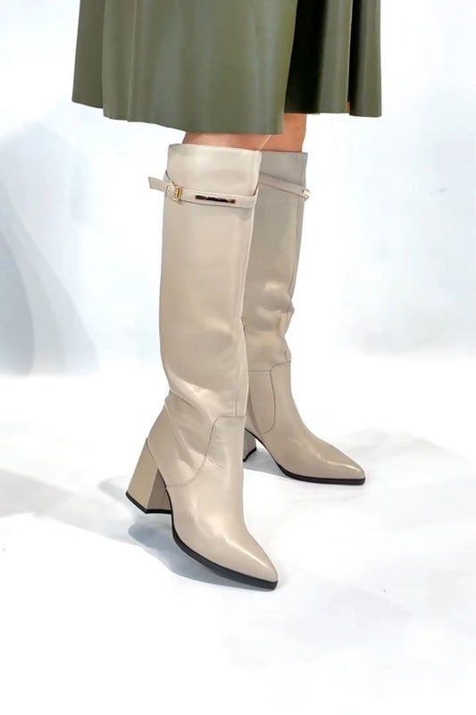 Cream Knee-High Boots With Block Heel