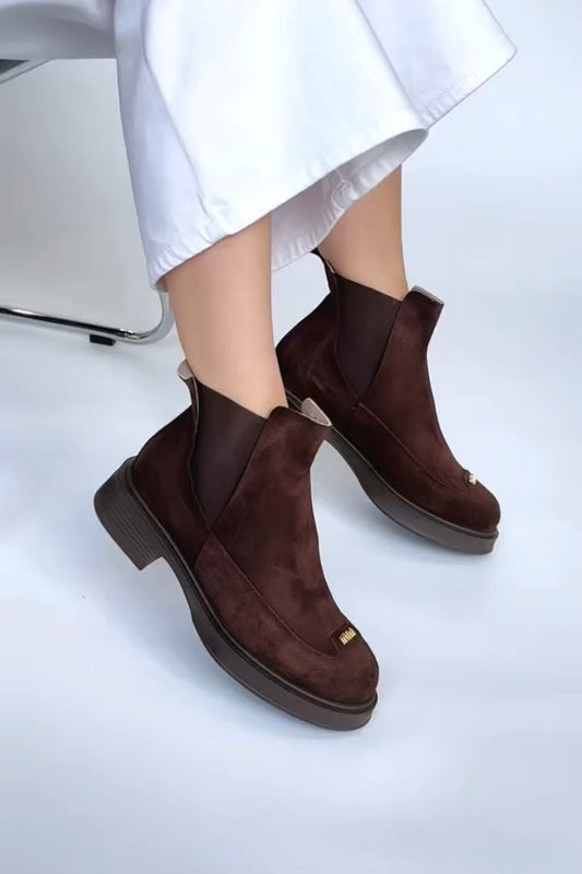 Dark Brown Suede Chelsea Boots With Gold Accent