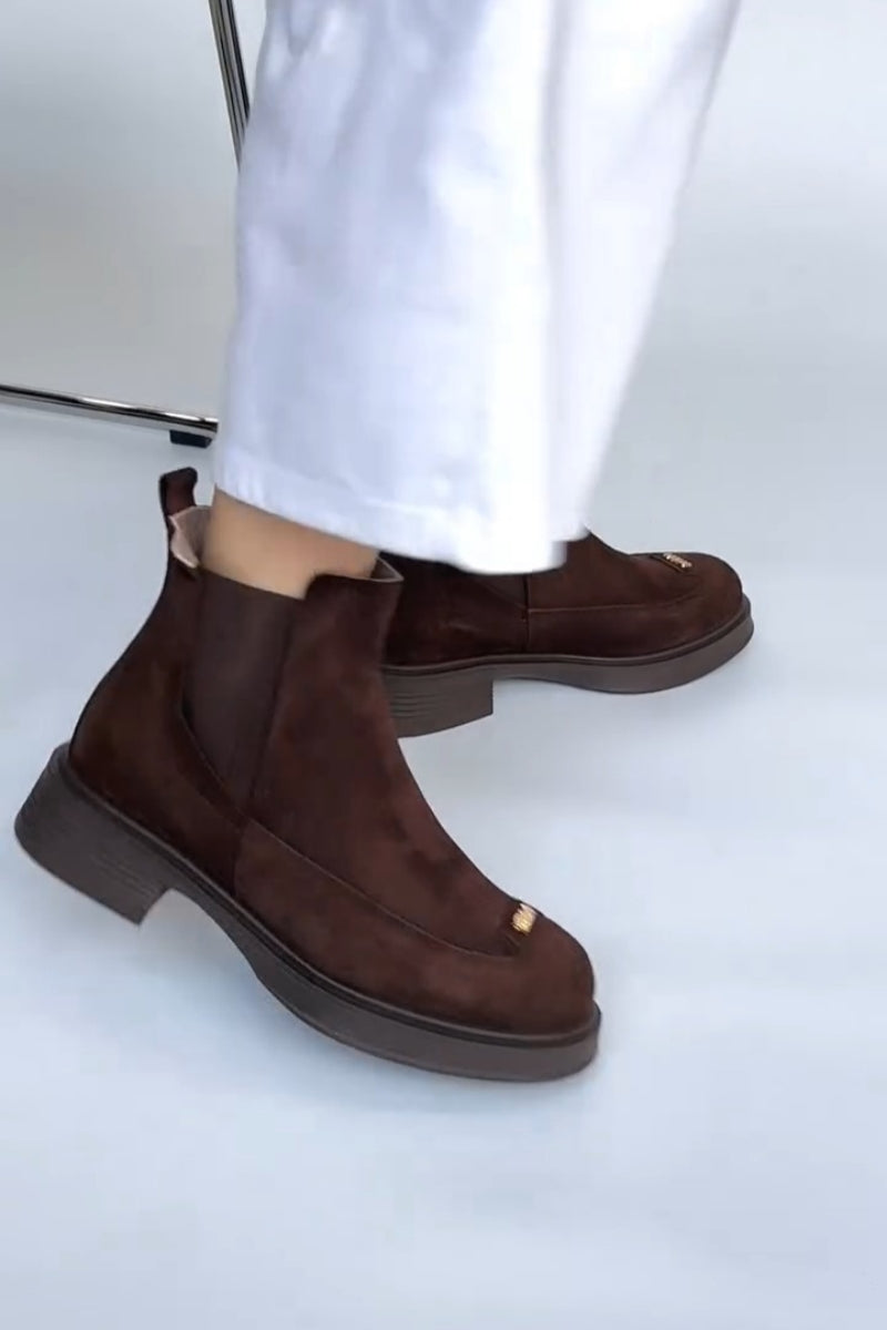 Dark Brown Suede Chelsea Boots With Gold Accent