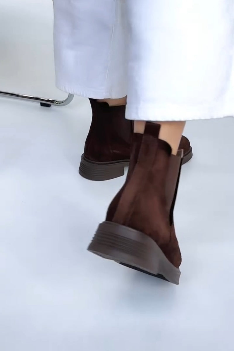 Dark Brown Suede Chelsea Boots With Gold Accent