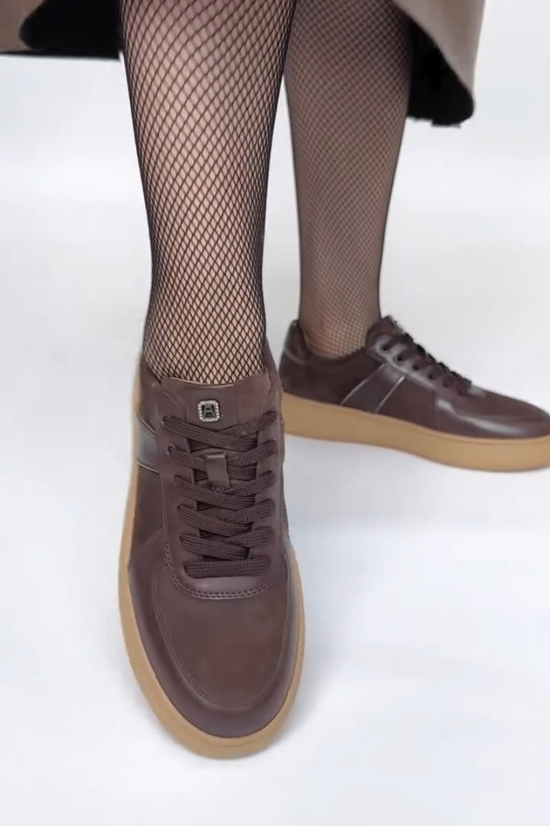 Brown Leather-Trim Sneakers With Chunky Sole