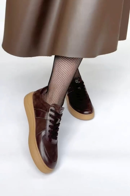 Brown Leather-Trim Sneakers With Chunky Sole