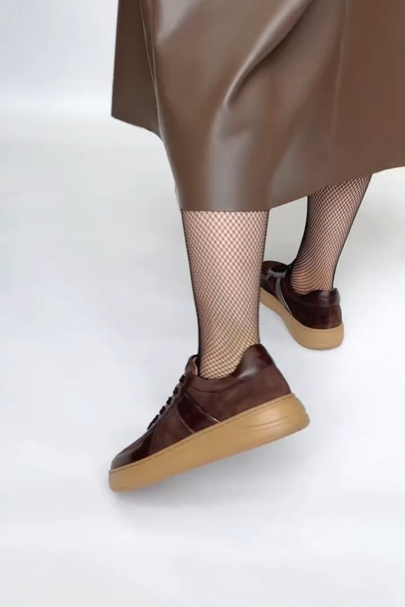 Brown Leather-Trim Sneakers With Chunky Sole