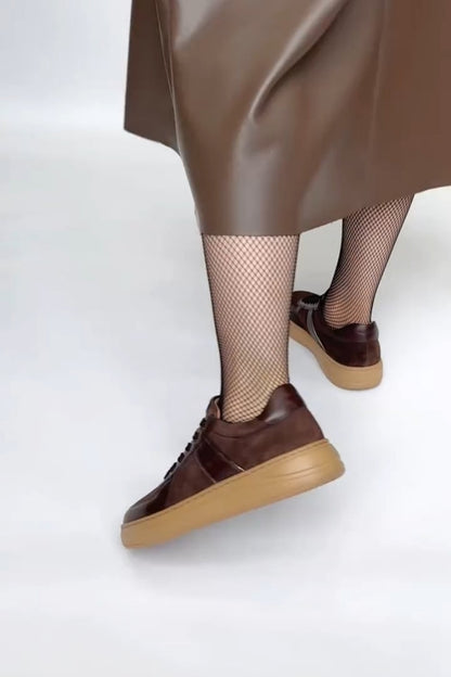 Brown Leather-Trim Sneakers With Chunky Sole