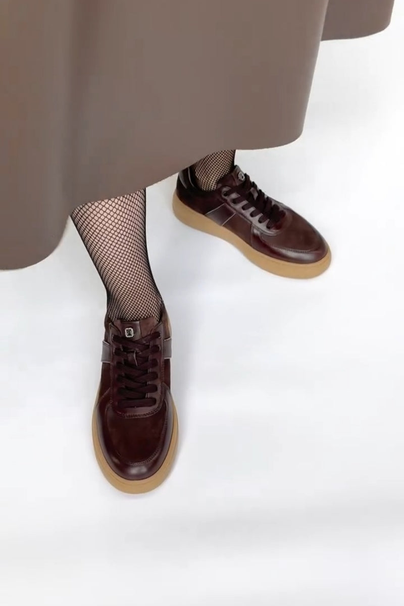 Brown Leather-Trim Sneakers With Chunky Sole