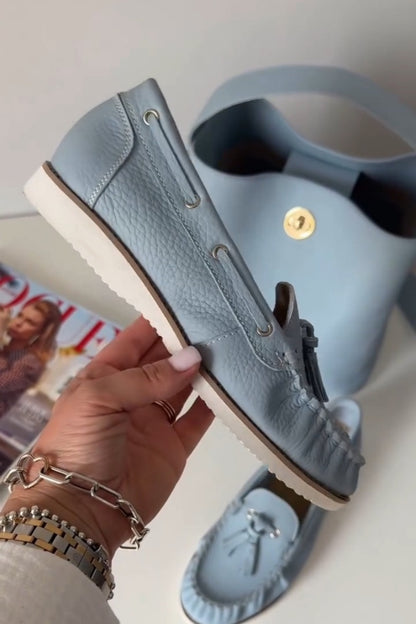 Powder Blue Fringed Leather Loafers