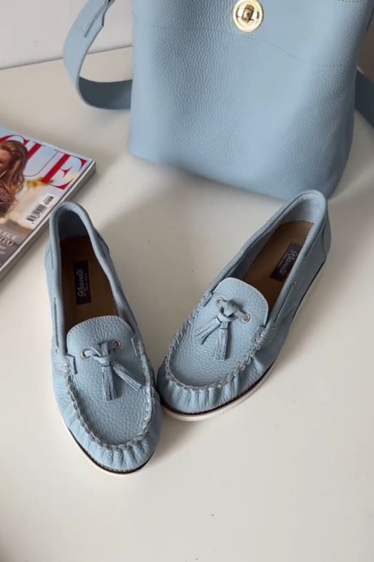 Powder Blue Fringed Leather Loafers