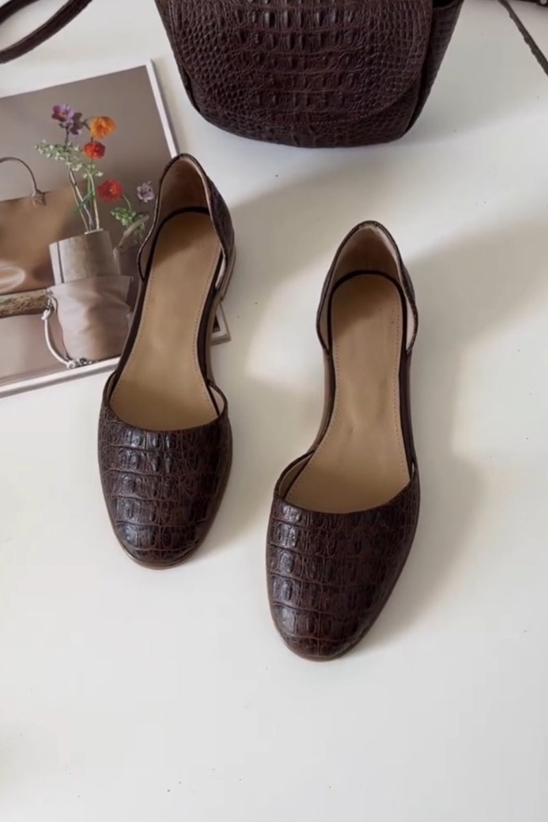 Dark Brown Crocodile-Pattern Slingback Pumps