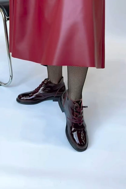 Burgundy Patent Leather Lace-Up Ankle Boots