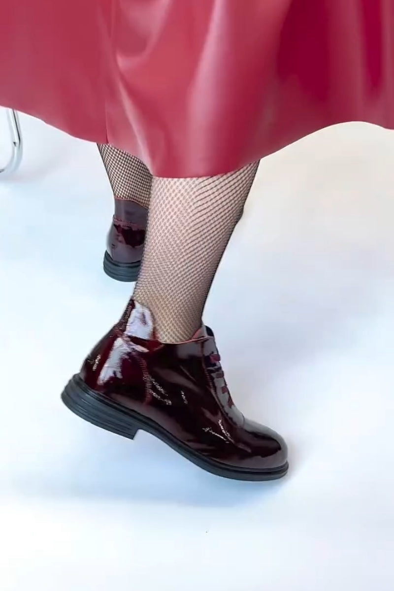 Burgundy Patent Leather Lace-Up Ankle Boots