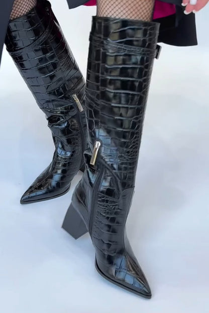 Black Croc-Effect Knee-High Boots With Pointed Toe
